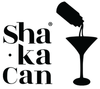 Black ShakaCan logo with a registered mark, alongside a black silhouette of a ShakaCan pouring into a martini glass, on a translucent background.